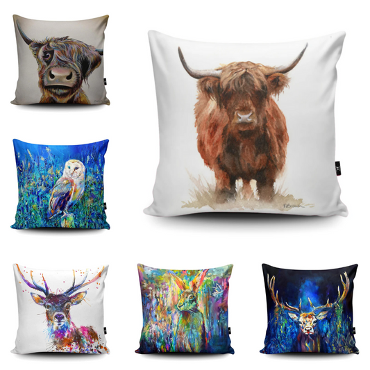 Animal Themed Vegan Suede Cushion stags/cows/birds/hares