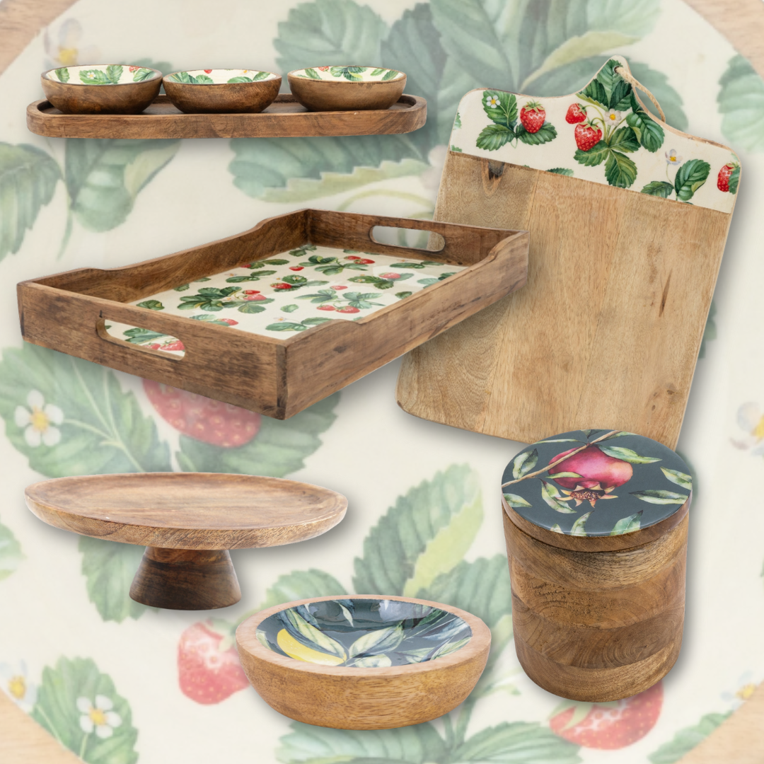 Fruit-Themed Mango Wood and Enamel Kitchen Storage and Serving Accessories