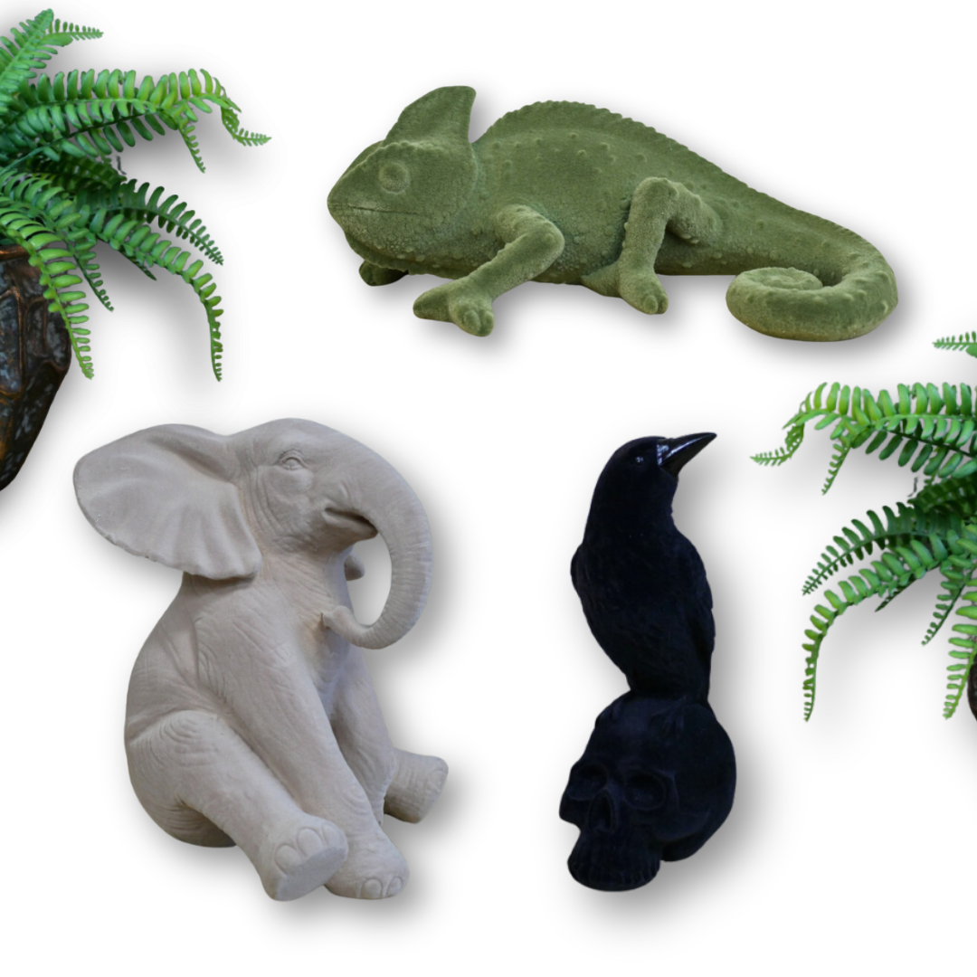 Velvet Animal Ornaments – Elegant Home Décor in Crow, Elephant, and Chameleon