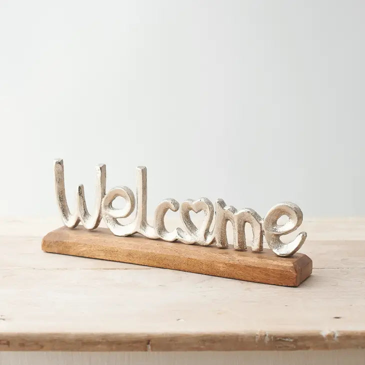 Metal Sign on Wooden Base - Home Welcome Love