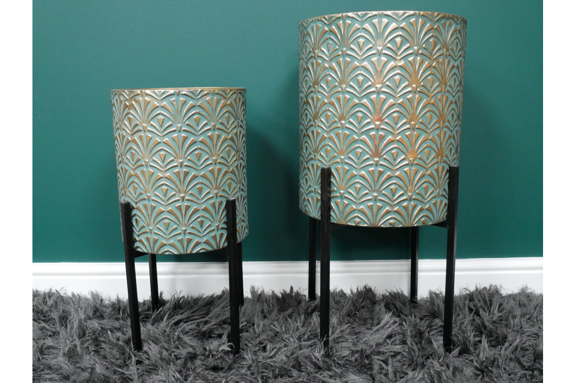 Set Of 2 Green and Gold Moroccan Style Planters