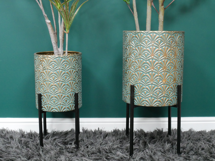 Set Of 2 Green and Gold Moroccan Style Planters